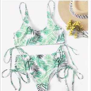 Tropical Leaf Side Tie High Waist Bikini Set